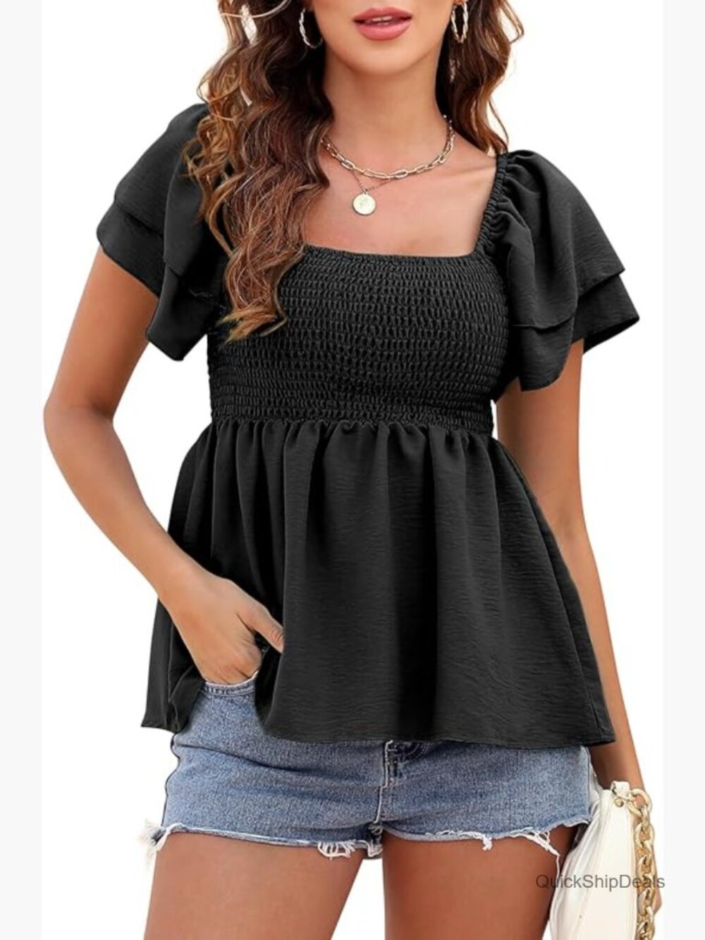 Peplum Blouse with Square Neck and Ruffle Trim, 95% Polyester 5% Spandex
